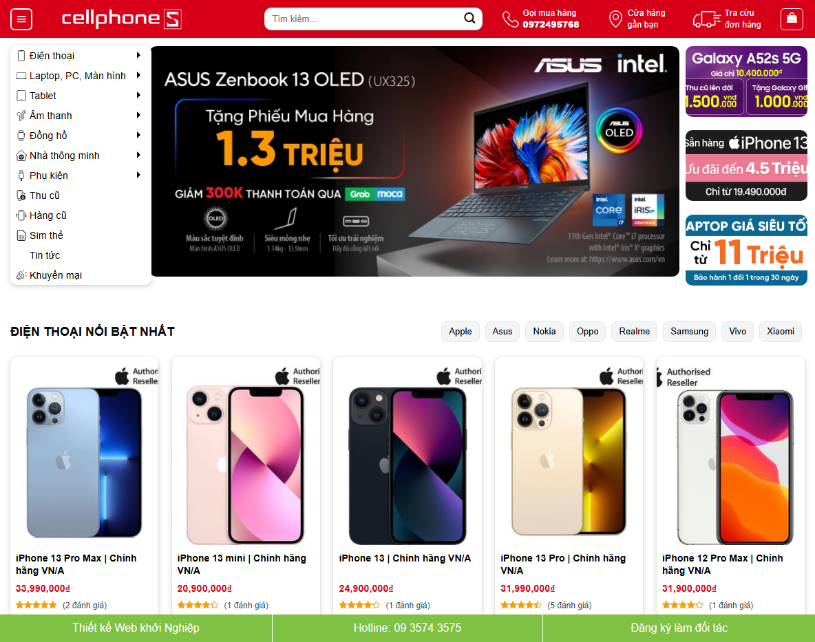 Giao diện trang chủ theme WordPress bán điện thoại