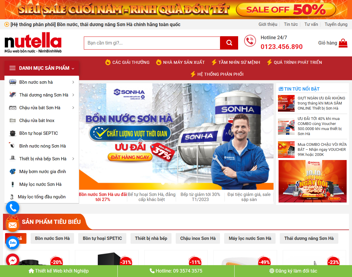 Giao diện Theme WordPress bán bồn nước Sơn Hà