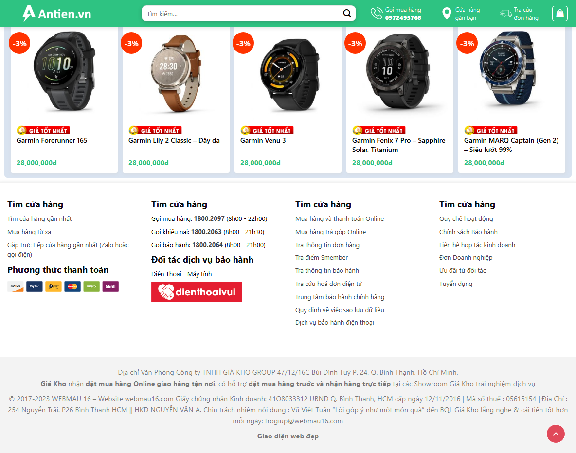 Giao diện trang sản phẩm Theme WordPress bán đồng hồ