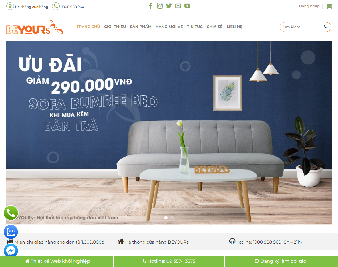 Giao diện trang chủ Theme WordPress bán nội thất Beyours