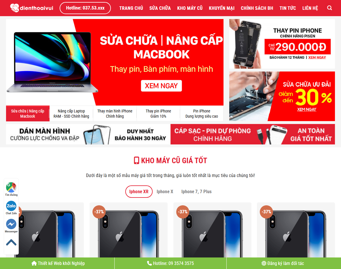 Giao diện trang chủ Theme WordPress dịch vụ sửa điện thoại 03