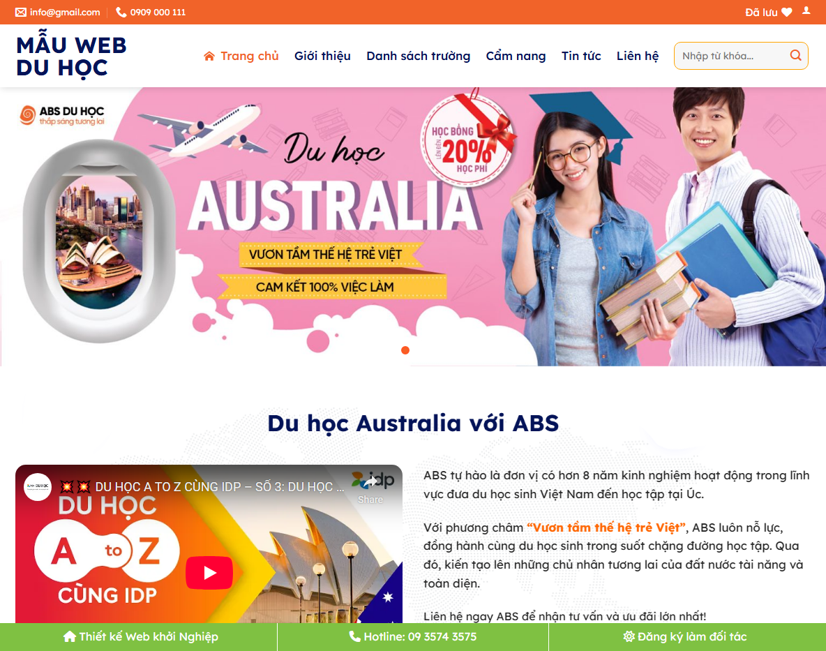 Giao diện trang chủ Theme WordPress du học 01