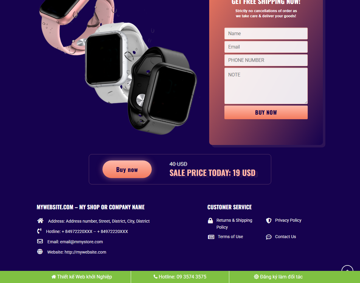 Các section trong theme WordPress landing page đồng hồ thông minh